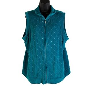 Quaker Factory Teal Quilted Rhinestone Velour Zip Vest Women's 1X